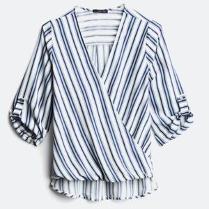 Beacon Allan Surplice Rolltab High
Low Blouse Blue and White Striped Wrap